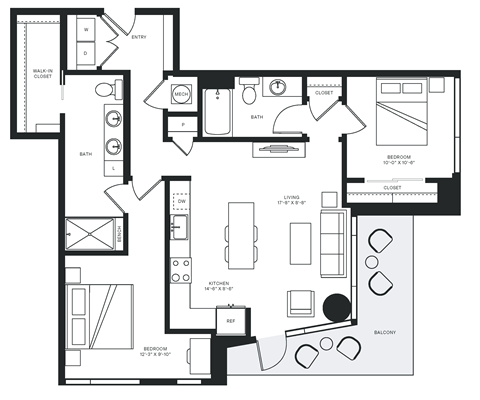Floor plan for 2 beds, 2 baths, 1105 sqft